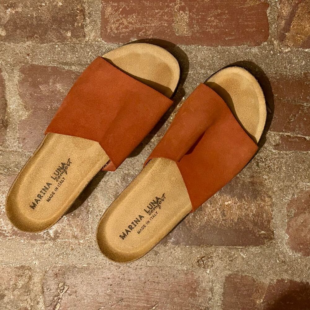 Marina Luna Comfort Cork and Burnt Orange Suede Slides Made in Italy Size 8.5